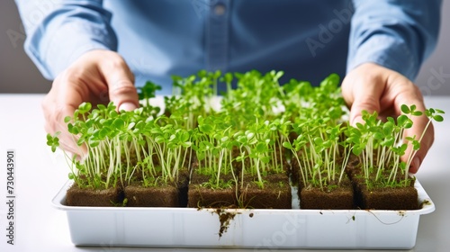 Person tending to young microgreens. Individual gardening microgreens. Concept of urban farming, hands-on agriculture, green living, home gardening, healthy organic food