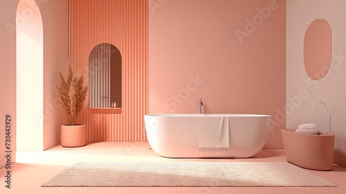Contemporary trendy Peach bathroom setup in sunlight. Minimalist style. Perfect for architectural digest content, interior design, luxury home marketing, home decor