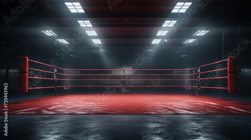 Illuminated empty red boxing ring. Concept of sports, competition, boxing, combat sports, training Sessions photo