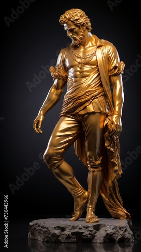 Gold statue of man on a black background. Concept of classical sculpture, luxury decor, antiquity art, golden statue, artistry, elegance, renaissance. Vertical format