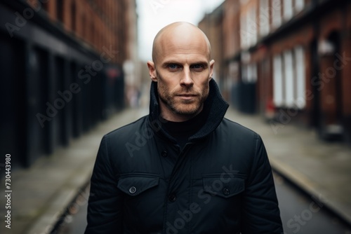Portrait of a bald man in a black jacket in the city