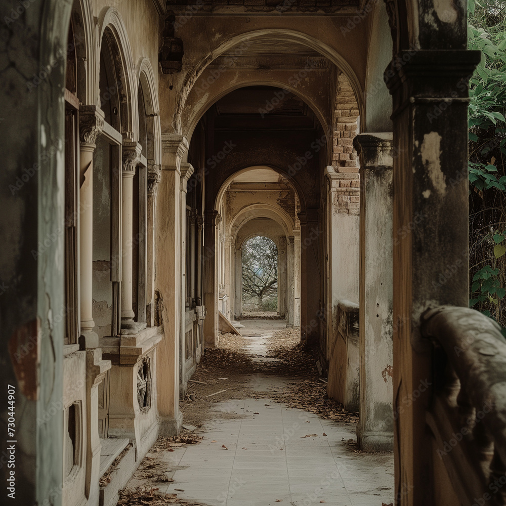 Mysterious Abandoned Corridor with Archways and Overgrown Foliage
