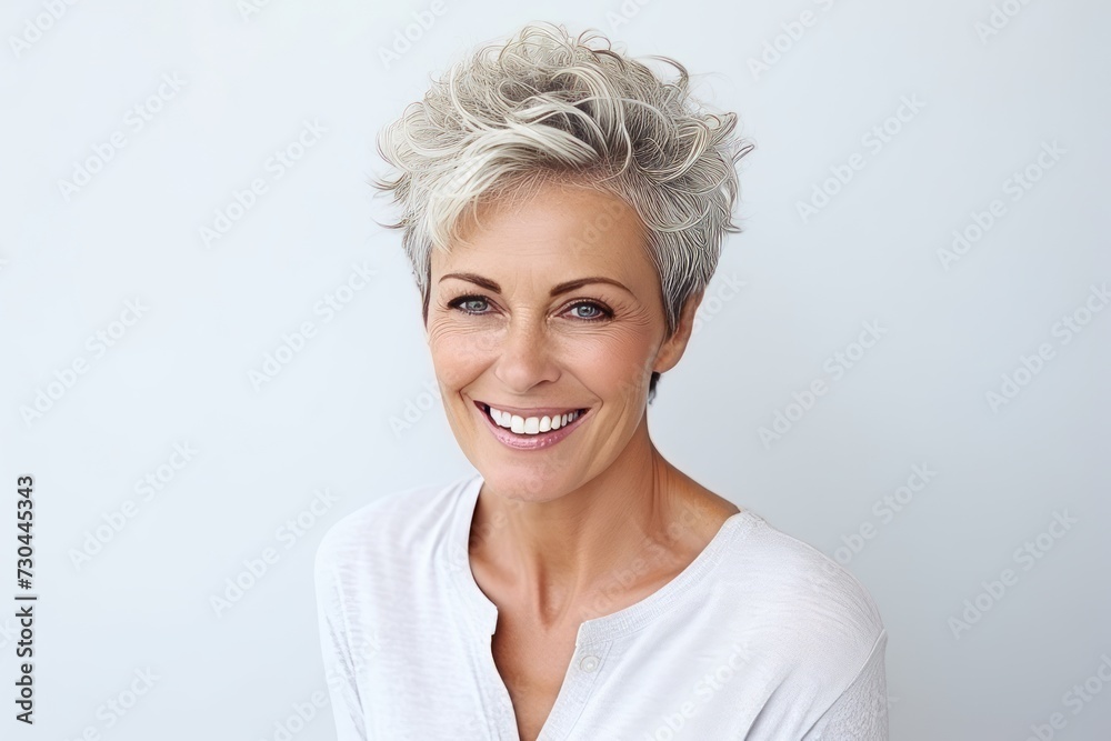 Portrait of a happy mature woman looking at camera against grey background Portrait of a happy mature woman looking at camera against grey background