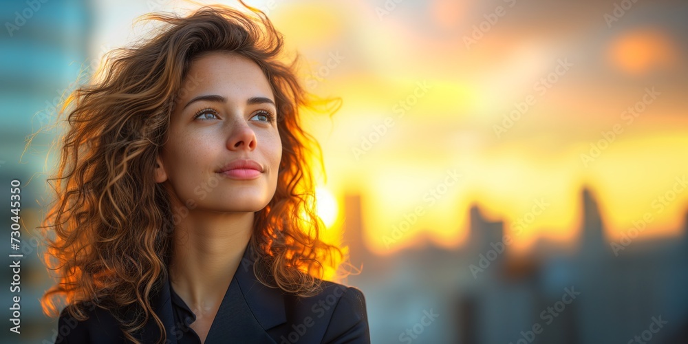 Wealthy rich successful businesswoman standing in big city modern skyscrapers street on sunset thinking of successful future vision, dreaming of new investment opportunities Wealthy rich successful businesswoman standing in big city modern skyscrapers street on sunset thinking of successful future vision, dreaming of new investment opportunities