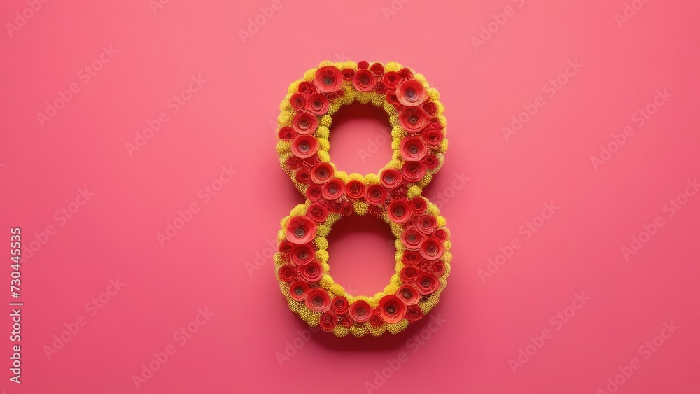 Number 8 made from red and yellow roses on a pink background. Women's Day concept for March 8th.