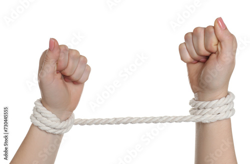 Freedom concept. Woman with tied arms on white background, closeup