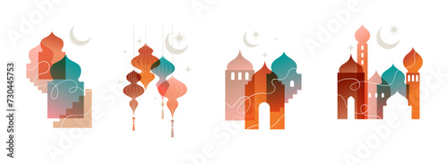 Collection of modern style Ramadan Mubarak colorful designs. Greeting card, background. Windows and arches with moon, mosque dome and lanterns