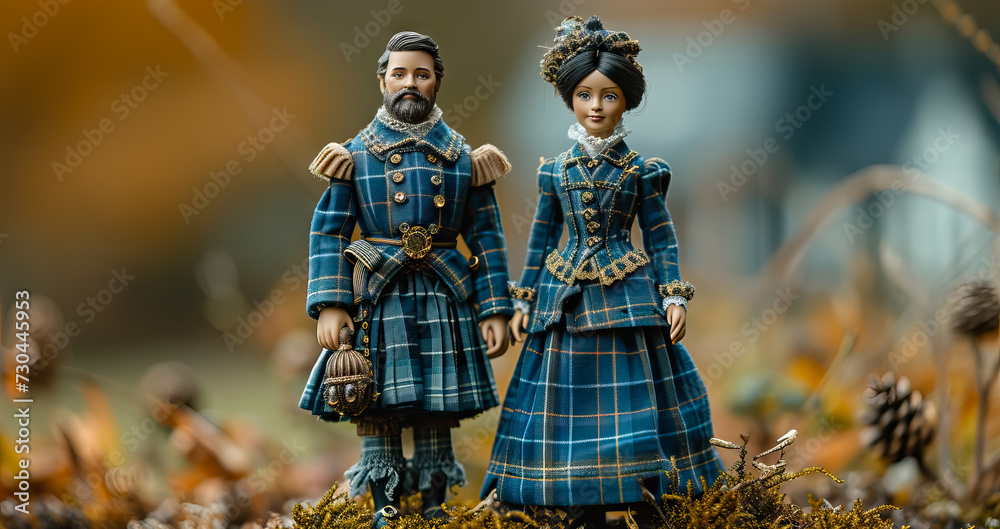  doll of couple boy and girl man and woman in traditional blue and brown tartan dress for National Tartan Day - AI Generated Abstract Art