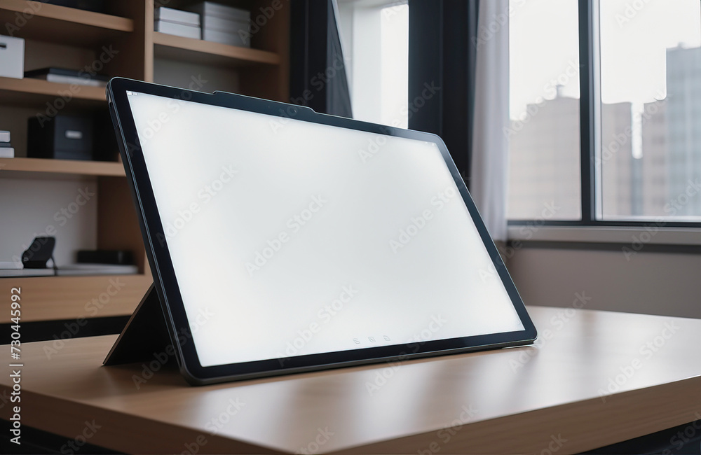 Tablet in the office with a blank white screen. Tablet in the office with a blank white screen.
