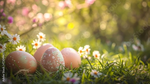 A springtime banner depicting naturally dyed Easter eggs resting on a bed of lush grass with a backdrop of quaint garden flowers, exuding warmth and charm