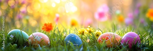 Sunlit speckled Easter eggs in fresh spring grass