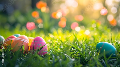 A close-up of multi-colored Easter eggs nestled in lush green grass, background of soft-focus spring flowers, warm sunlight enhancing the colors