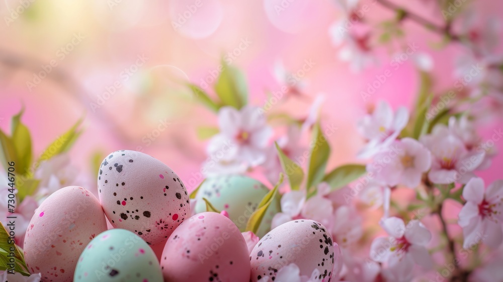 Pastel Easter eggs speckled with spring hues nestled in a bed of fresh