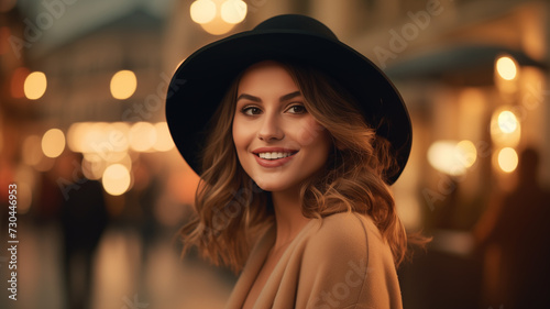 Beautiful girl in a black hat smiling