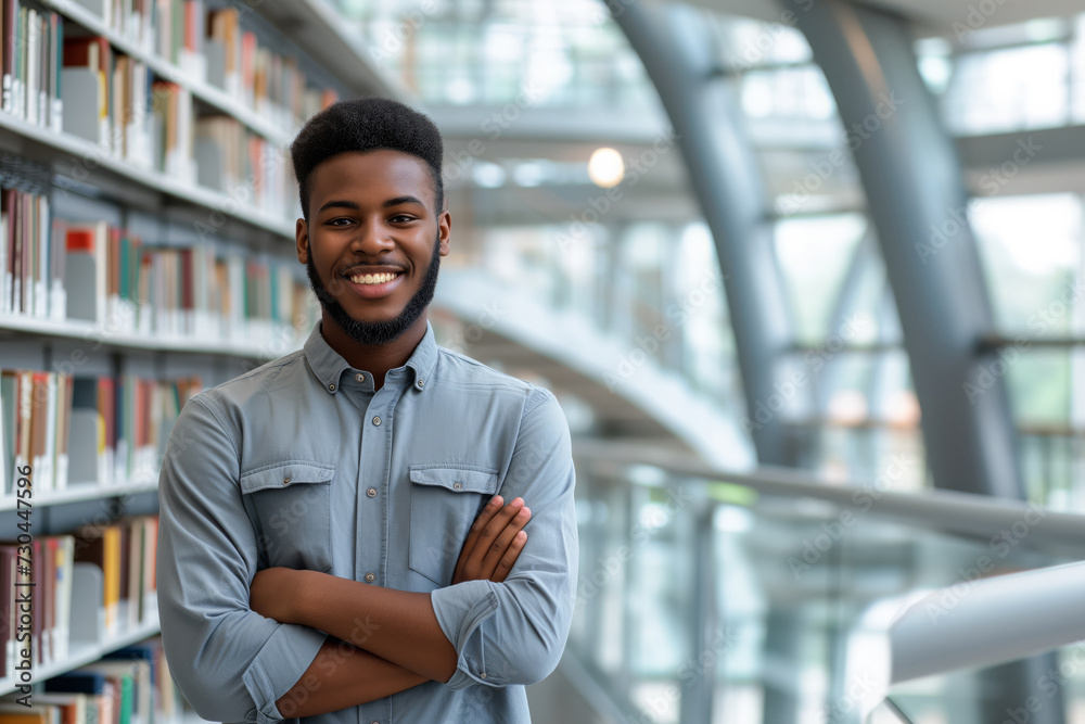 Young male undergraduate, graduate student smiling in the background of the library campus building inside Young male undergraduate, graduate student smiling in the background of the library campus building inside