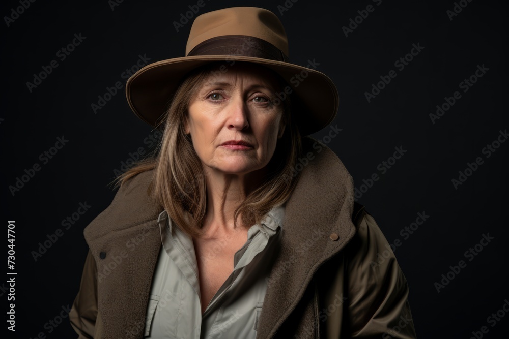 Mature woman wearing a hat and coat on a dark background. Mature woman wearing a hat and coat on a dark background.