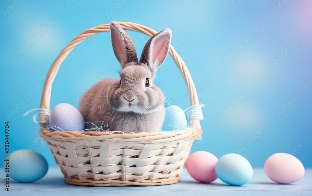 Happy easter! Colourful of Easter eggs in the basket with rabbit on pastel blue background. Greetings and presents for Easter Day celebrate time. Happy easter! Colourful of Easter eggs in the basket with rabbit on pastel blue background. Greetings and presents for Easter Day celebrate time.