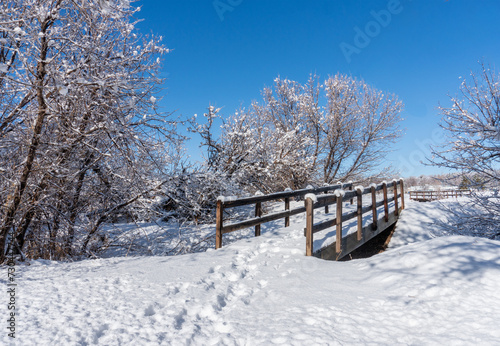 Snow Covered Wooden Footbridge with Frosty Trees and Clear Blue Sky