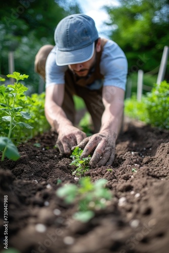 man working in soil in garden  in the style of light brown and green  nature-inspired
