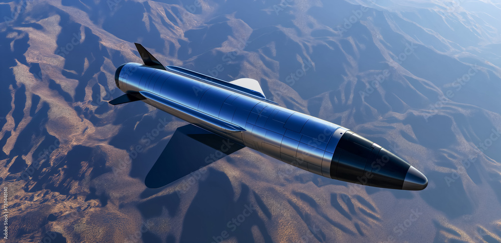 Hypersonic missile. A combat rocket is flying above the clouds. Missile attack, air attack, war, missile strike. Hypersonic missile. A combat rocket is flying above the clouds. Missile attack, air attack, war, missile strike.