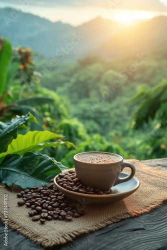 coffee near coffee beans on table of coffee crop field with sunrise, in the style of lifelike renderings