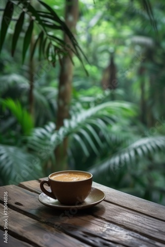 coffee cup on the wooden table in tropical forest panorama