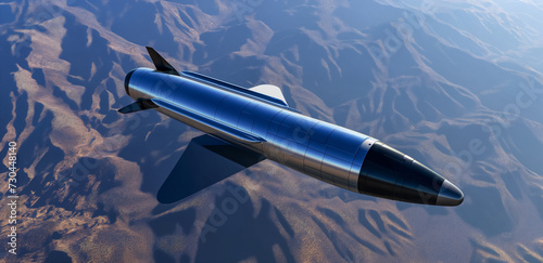 Hypersonic missile. A combat rocket is flying above the clouds. Missile attack, air attack, war, missile strike.	 photo