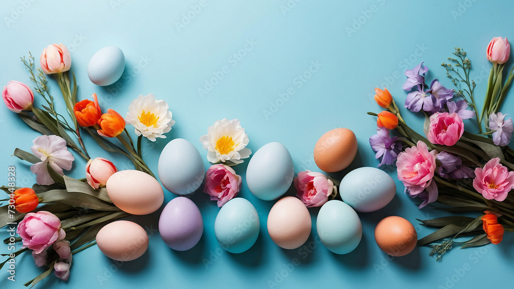 Obraz premium Easter eggs and spring flowers on blue paper background. Easter composition. Space for text. Top view