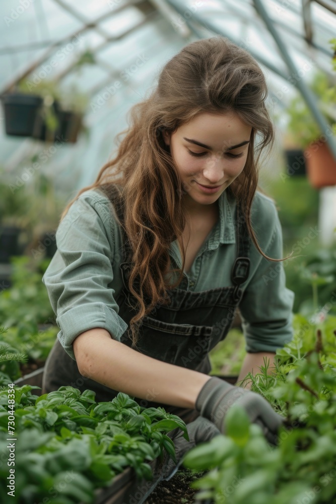 young woman working in greenhouse to plant seeds for fresh herb garden young woman working in greenhouse to plant seeds for fresh herb garden