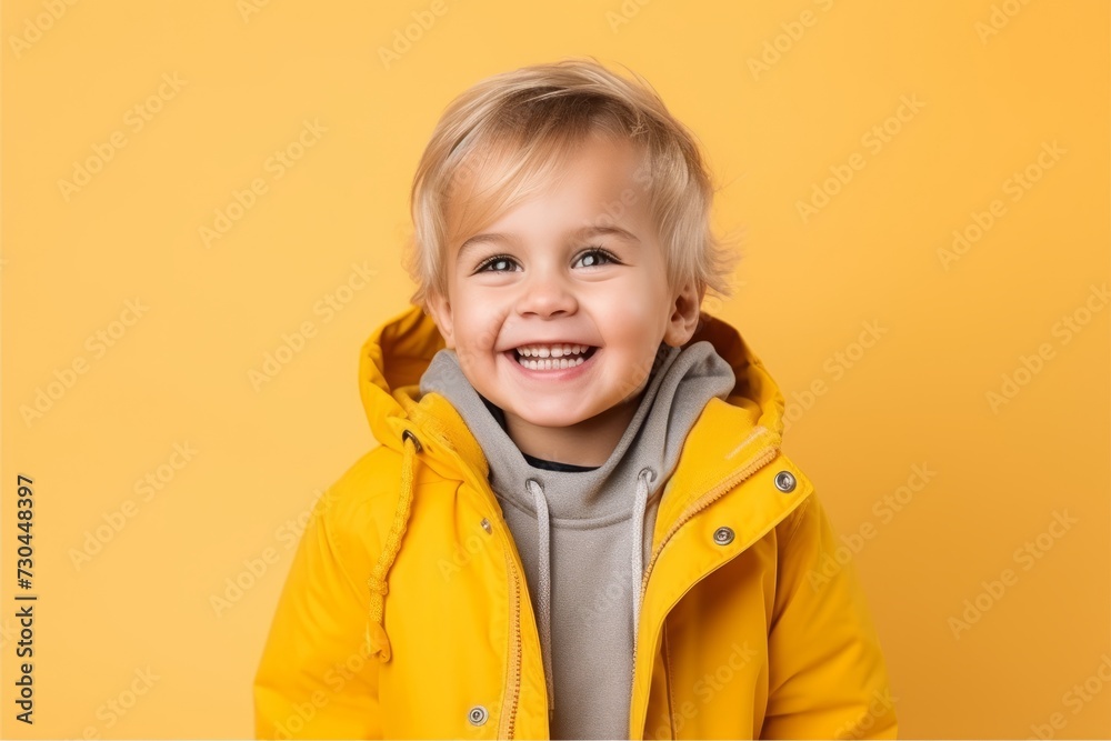 Portrait of a cute smiling little boy in yellow jacket over yellow background Portrait of a cute smiling little boy in yellow jacket over yellow background