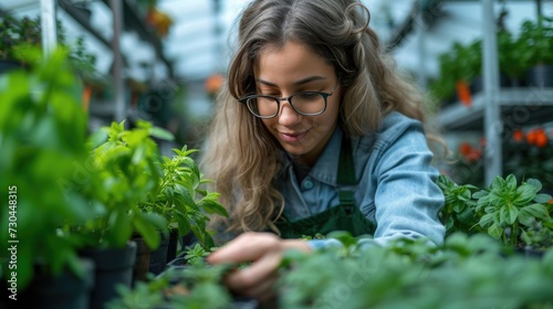 young woman working in greenhouse to plant seeds for fresh herb garden