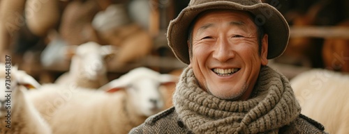 Asian man smiling with sheep in the background, in the style of farm security administration aesthetics photo