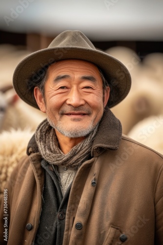 a man in hat smiling in front of sheep, in the style of asian-inspired