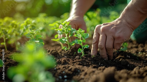 a man is planting plants in the dirt, in the style of light brown and green, soft edges and blurred details