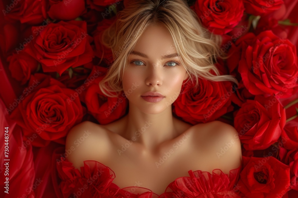 A beautiful blonde woman with blue eyes lies enveloped in vibrant red roses, evoking romance and elegance, symbolizing celebration Valentine's Day