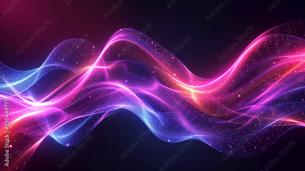 A dynamic wave of intertwined lights, glowing in vibrant shades of blue, pink, and purple against a dark backdrop. The luminous waves create an ethereal atmosphere, enhanced by the sprinkling of stars