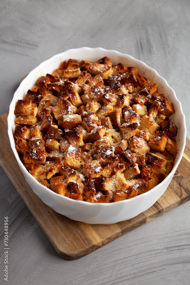 Homemade Bread Pudding in a Dish, side view.