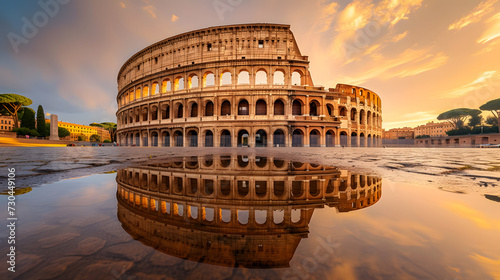 Serene Dawn Reflections: The Colosseum in Tranquil Symmetry
