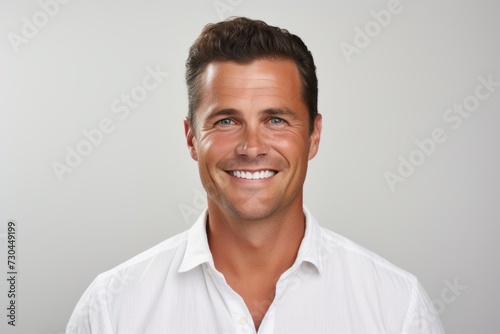 Handsome young man in white shirt looking at camera and smiling while standing against grey background