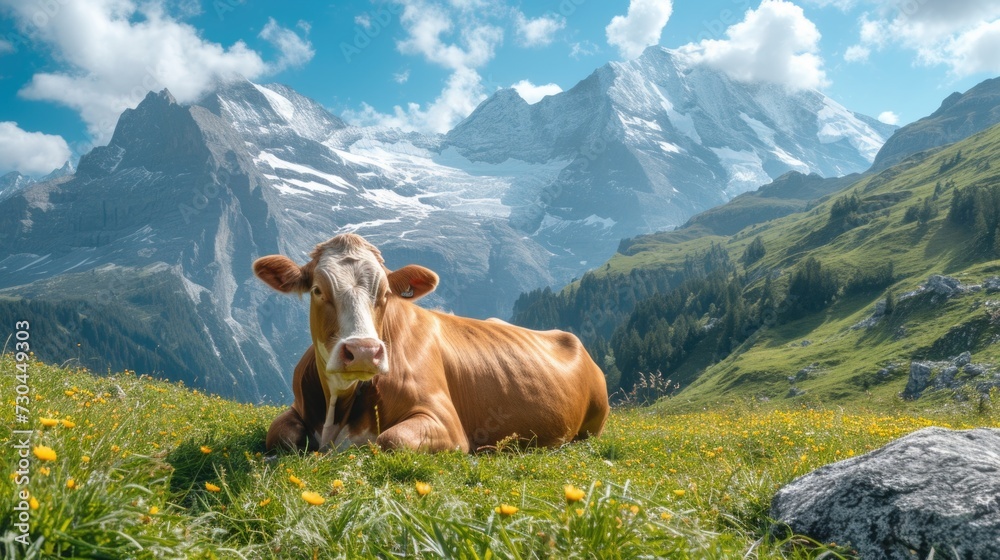 a cow resting in the grass on a hill above some snow capped mountains