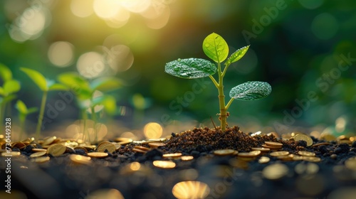 small plant growing among golden coins with a sunlight background