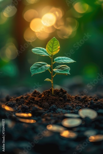 a small sapling in the dirt surrounded by coins, in the style of dark green and light gold