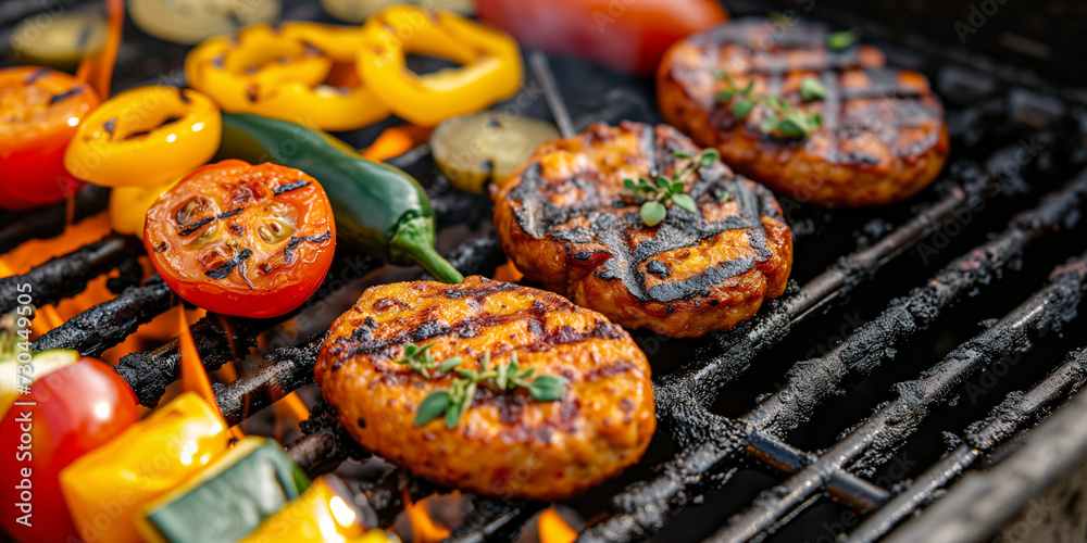 Grilling vegan hamburgers and grill vegetables pepper paprika hot, chili, tomato on the fire Grilling vegan hamburgers and grill vegetables pepper paprika hot, chili, tomato on the fire