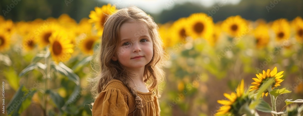 young child in a sunflower field, in the style of adventure themed, earthy color palettes young child in a sunflower field, in the style of adventure themed, earthy color palettes