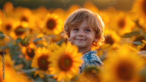 the cute little boy was running around in the sunflower field, in the style of earthy color palettes
