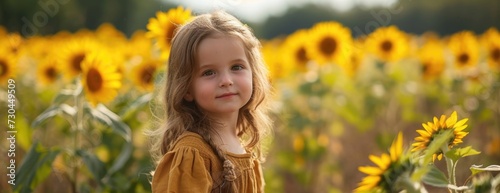 young child in a sunflower field, in the style of adventure themed, earthy color palettes