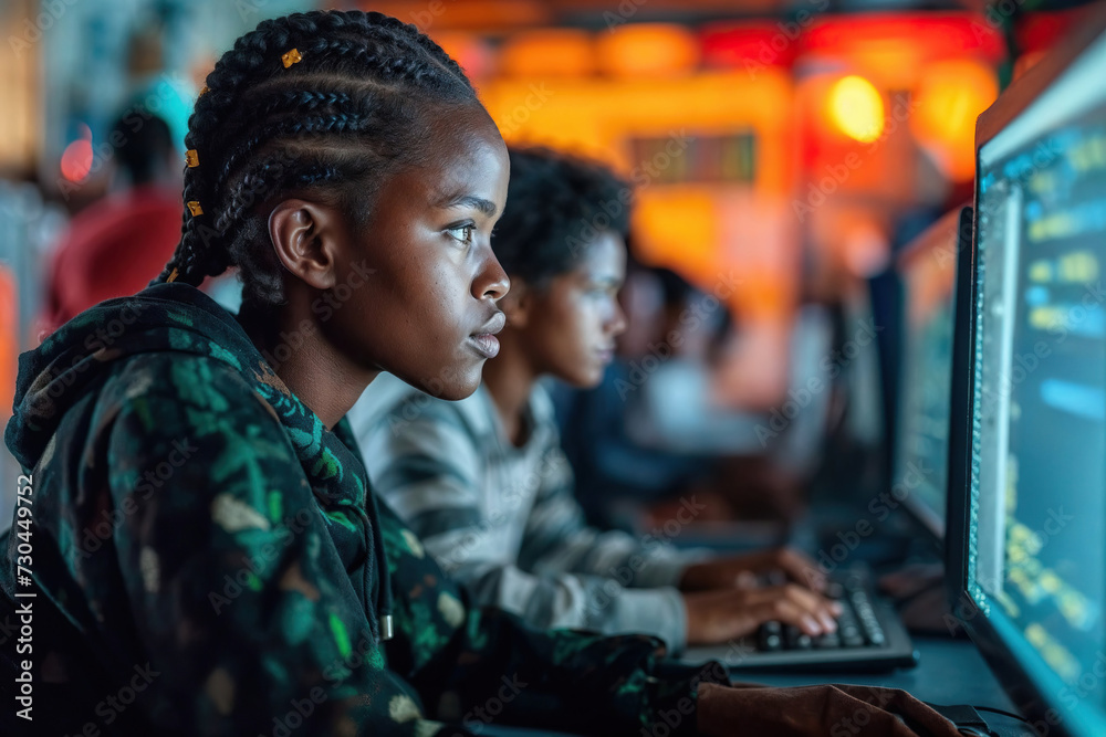 Young Girl Coding on Computer at School. Generative AI. Young Girl Coding on Computer at School. Generative AI.