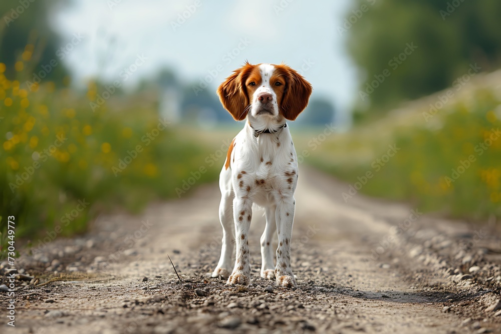 Brittany dog stands on a path in the woods, in the style of light amber and white