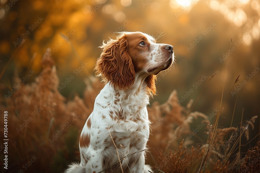 a Brittany white and brown dog looking out over a pathway, in the style of playful expressions,