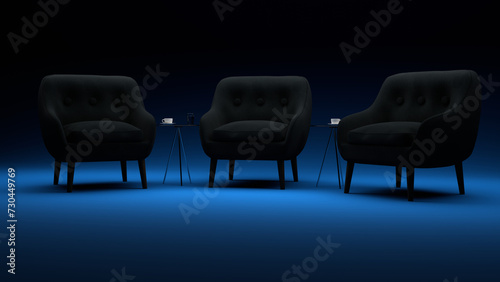 3D modeled Talkshow chairs / Webinar chairs in front of blue background.	